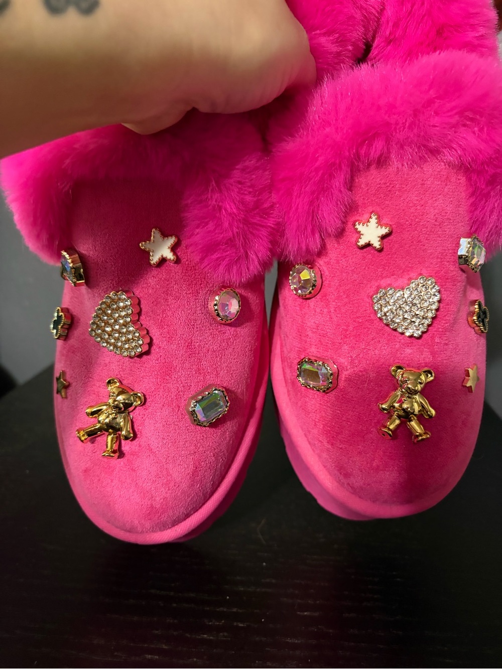 Hot Pink Platform Fur Slip-On Mules with Jewel Accents - Picture 8 of 8
